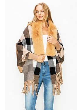 Cashmere Feeling Reversible Plaid Cape w/ Faux Fur Collar